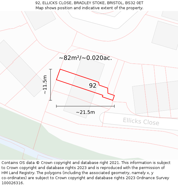 92, ELLICKS CLOSE, BRADLEY STOKE, BRISTOL, BS32 0ET: Plot and title map