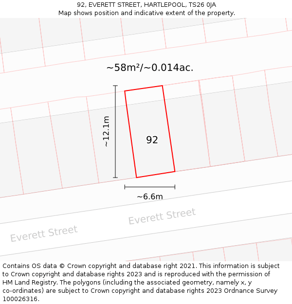 92, EVERETT STREET, HARTLEPOOL, TS26 0JA: Plot and title map