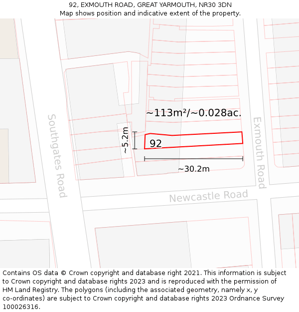 92, EXMOUTH ROAD, GREAT YARMOUTH, NR30 3DN: Plot and title map