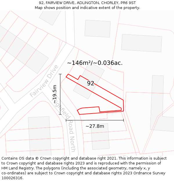 92, FAIRVIEW DRIVE, ADLINGTON, CHORLEY, PR6 9ST: Plot and title map