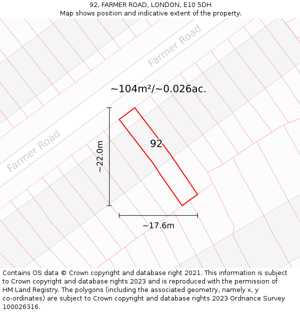 92, FARMER ROAD, LONDON, E10 5DH: Plot and title map