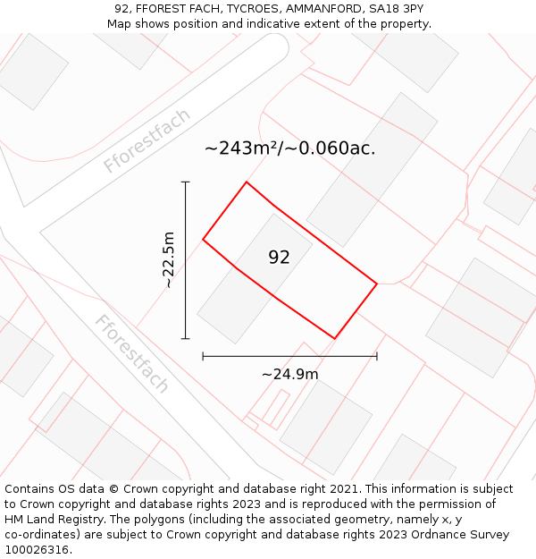 92, FFOREST FACH, TYCROES, AMMANFORD, SA18 3PY: Plot and title map