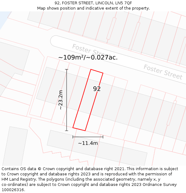92, FOSTER STREET, LINCOLN, LN5 7QF: Plot and title map