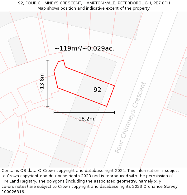 92, FOUR CHIMNEYS CRESCENT, HAMPTON VALE, PETERBOROUGH, PE7 8FH: Plot and title map