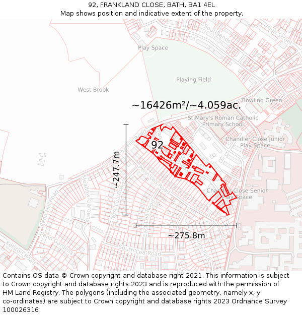 92, FRANKLAND CLOSE, BATH, BA1 4EL: Plot and title map