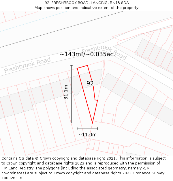 92, FRESHBROOK ROAD, LANCING, BN15 8DA: Plot and title map