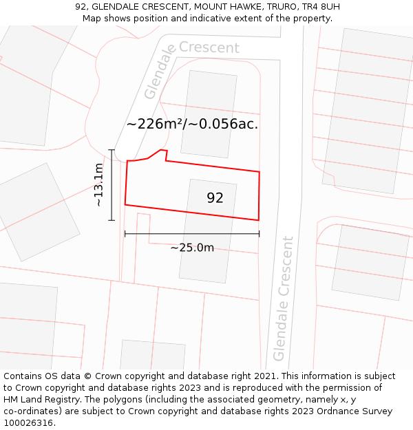 92, GLENDALE CRESCENT, MOUNT HAWKE, TRURO, TR4 8UH: Plot and title map