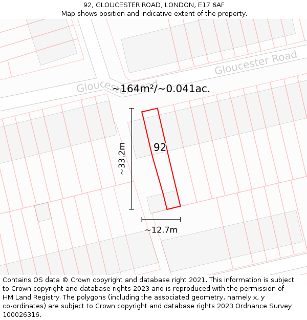 92, GLOUCESTER ROAD, LONDON, E17 6AF: Plot and title map