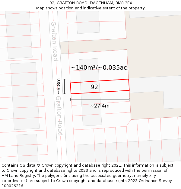 92, GRAFTON ROAD, DAGENHAM, RM8 3EX: Plot and title map