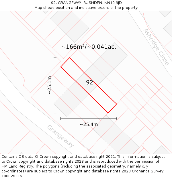 92, GRANGEWAY, RUSHDEN, NN10 9JD: Plot and title map