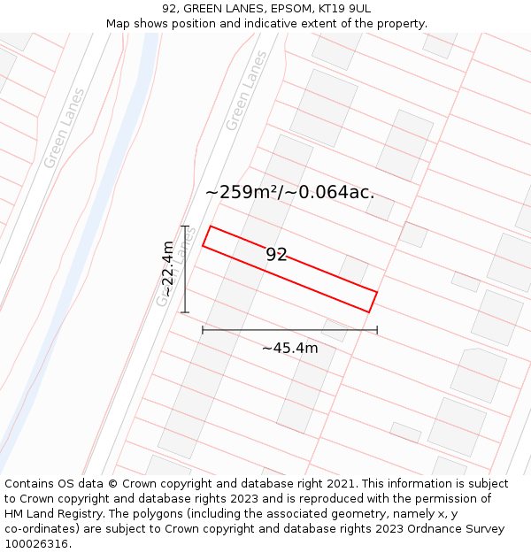 92, GREEN LANES, EPSOM, KT19 9UL: Plot and title map