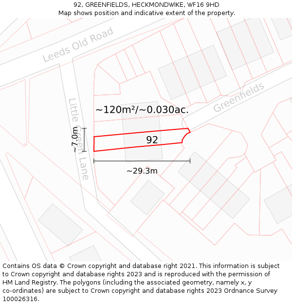92, GREENFIELDS, HECKMONDWIKE, WF16 9HD: Plot and title map