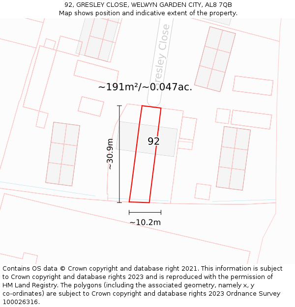 92, GRESLEY CLOSE, WELWYN GARDEN CITY, AL8 7QB: Plot and title map