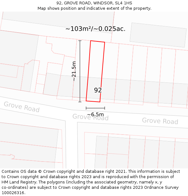 92, GROVE ROAD, WINDSOR, SL4 1HS: Plot and title map