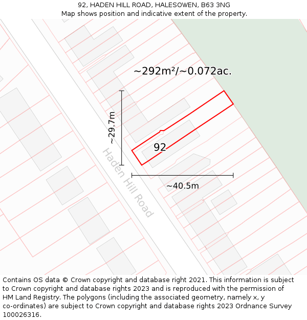92, HADEN HILL ROAD, HALESOWEN, B63 3NG: Plot and title map