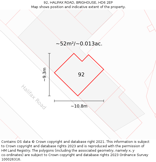 92, HALIFAX ROAD, BRIGHOUSE, HD6 2EP: Plot and title map