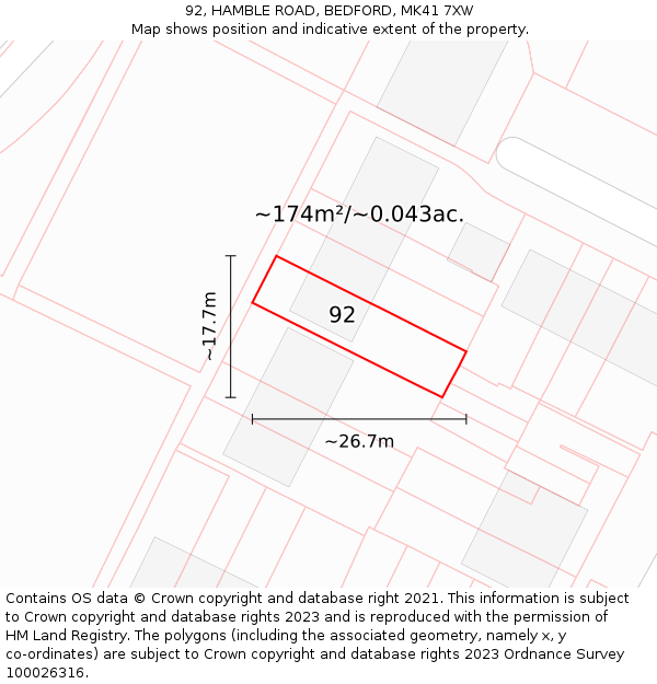 92, HAMBLE ROAD, BEDFORD, MK41 7XW: Plot and title map