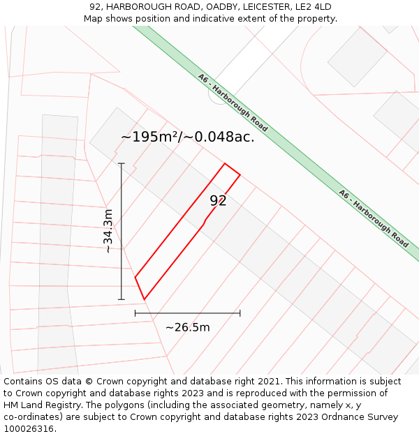 92, HARBOROUGH ROAD, OADBY, LEICESTER, LE2 4LD: Plot and title map