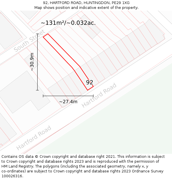 92, HARTFORD ROAD, HUNTINGDON, PE29 1XG: Plot and title map