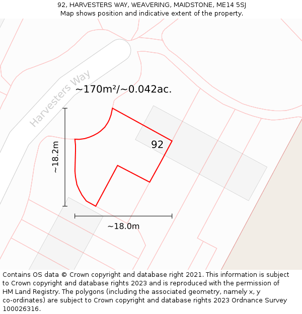 92, HARVESTERS WAY, WEAVERING, MAIDSTONE, ME14 5SJ: Plot and title map