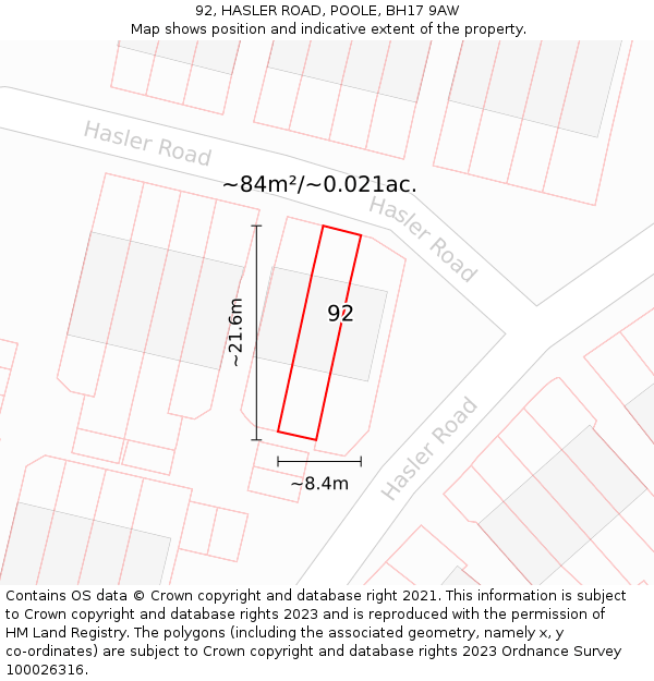 92, HASLER ROAD, POOLE, BH17 9AW: Plot and title map