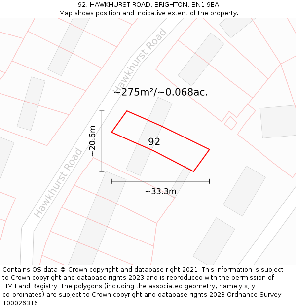 92, HAWKHURST ROAD, BRIGHTON, BN1 9EA: Plot and title map