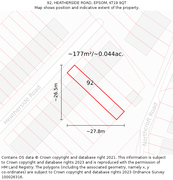 92, HEATHERSIDE ROAD, EPSOM, KT19 9QT: Plot and title map