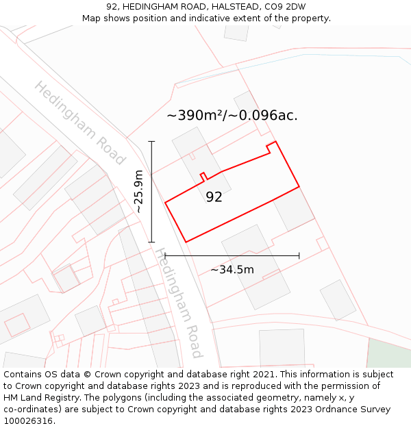 92, HEDINGHAM ROAD, HALSTEAD, CO9 2DW: Plot and title map