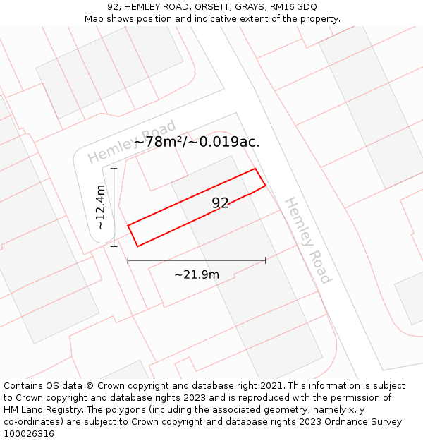 92, HEMLEY ROAD, ORSETT, GRAYS, RM16 3DQ: Plot and title map
