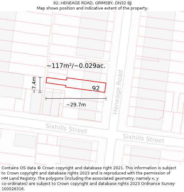 92, HENEAGE ROAD, GRIMSBY, DN32 9JJ: Plot and title map