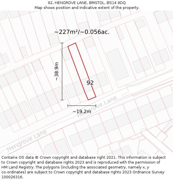 92, HENGROVE LANE, BRISTOL, BS14 9DQ: Plot and title map
