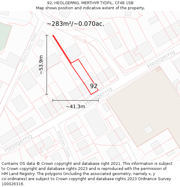 92, HEOLGERRIG, MERTHYR TYDFIL, CF48 1SB: Plot and title map