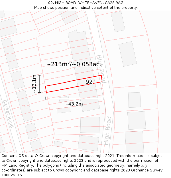 92, HIGH ROAD, WHITEHAVEN, CA28 9AG: Plot and title map