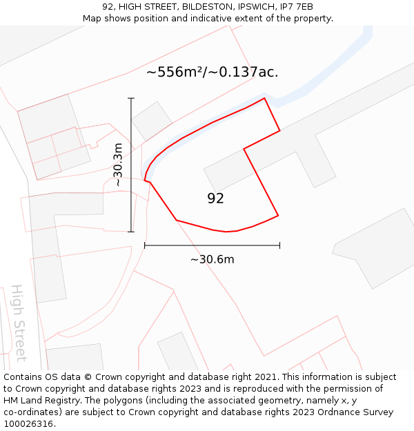 92, HIGH STREET, BILDESTON, IPSWICH, IP7 7EB: Plot and title map