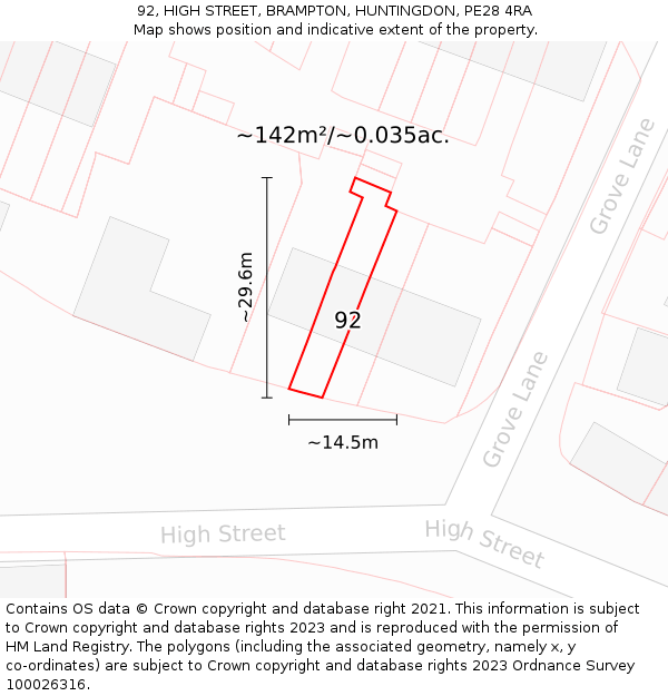 92, HIGH STREET, BRAMPTON, HUNTINGDON, PE28 4RA: Plot and title map