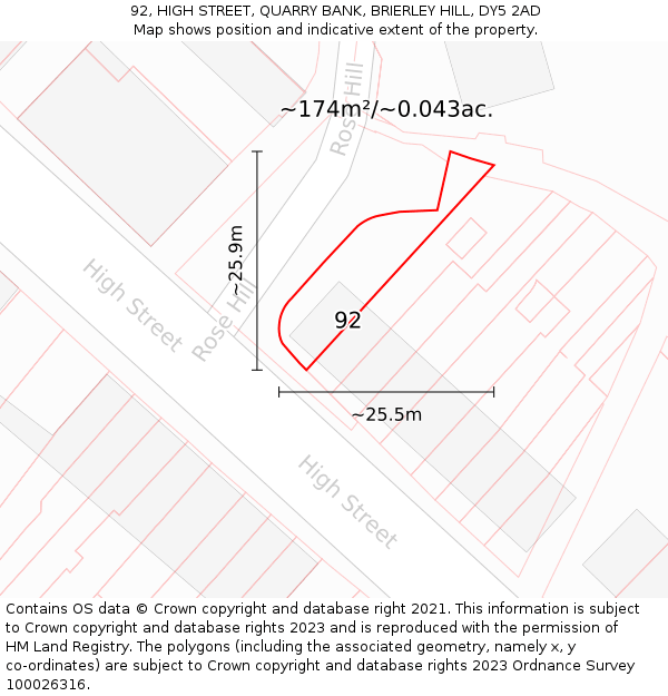 92, HIGH STREET, QUARRY BANK, BRIERLEY HILL, DY5 2AD: Plot and title map