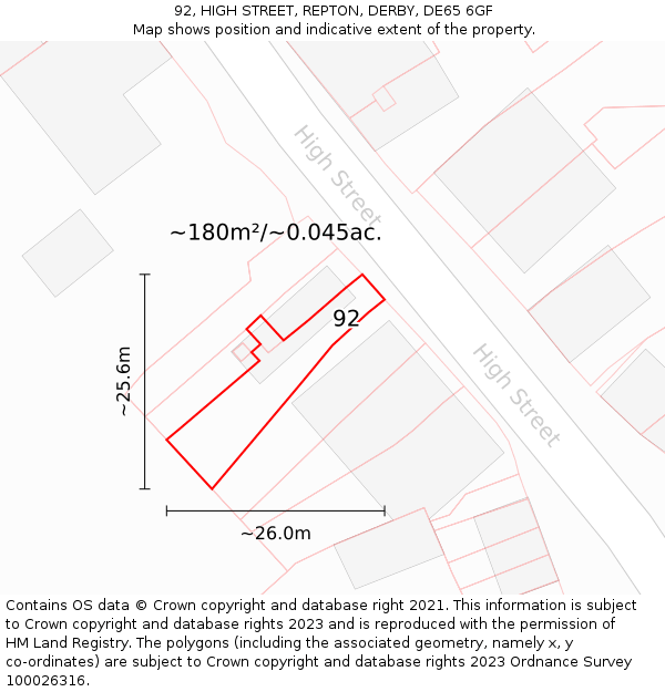 92, HIGH STREET, REPTON, DERBY, DE65 6GF: Plot and title map