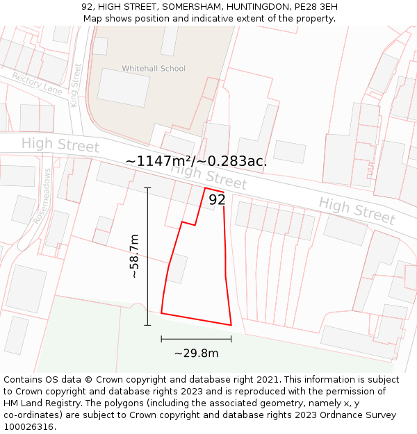 92, HIGH STREET, SOMERSHAM, HUNTINGDON, PE28 3EH: Plot and title map