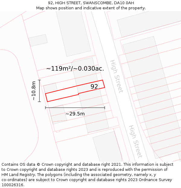 92, HIGH STREET, SWANSCOMBE, DA10 0AH: Plot and title map