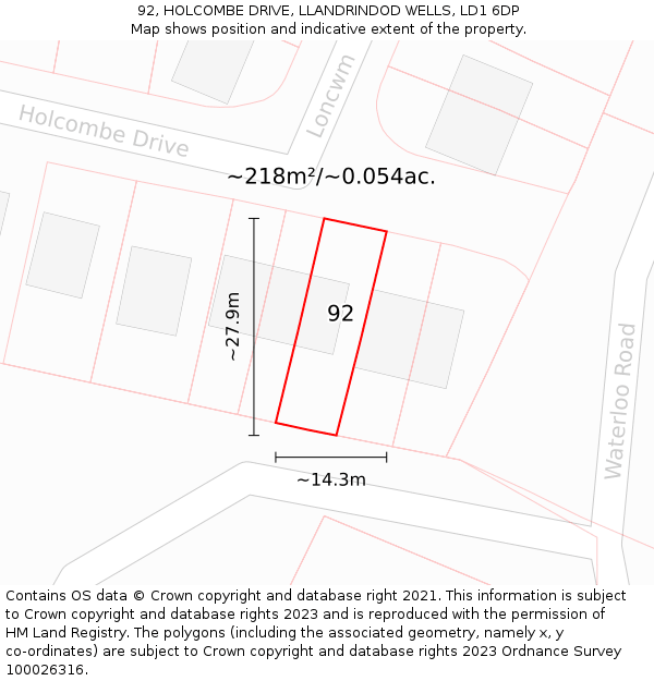 92, HOLCOMBE DRIVE, LLANDRINDOD WELLS, LD1 6DP: Plot and title map