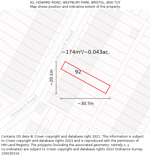 92, HOWARD ROAD, WESTBURY PARK, BRISTOL, BS6 7UY: Plot and title map