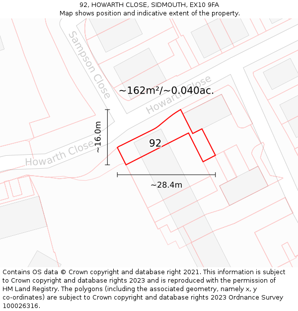 92, HOWARTH CLOSE, SIDMOUTH, EX10 9FA: Plot and title map