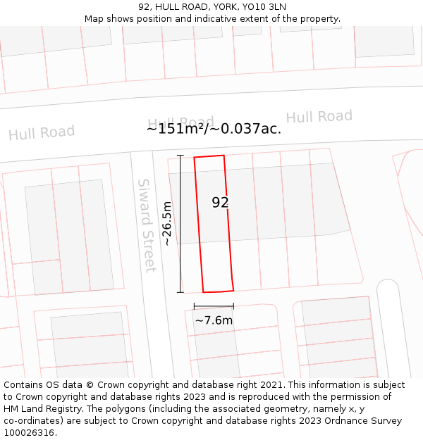 92, HULL ROAD, YORK, YO10 3LN: Plot and title map