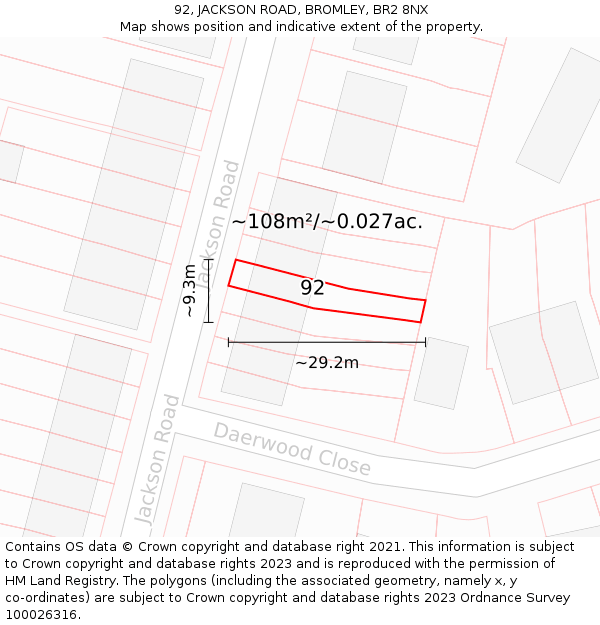 92, JACKSON ROAD, BROMLEY, BR2 8NX: Plot and title map
