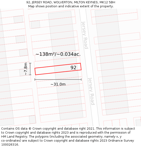 92, JERSEY ROAD, WOLVERTON, MILTON KEYNES, MK12 5BH: Plot and title map