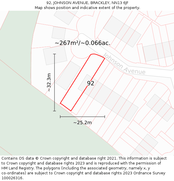92, JOHNSON AVENUE, BRACKLEY, NN13 6JF: Plot and title map