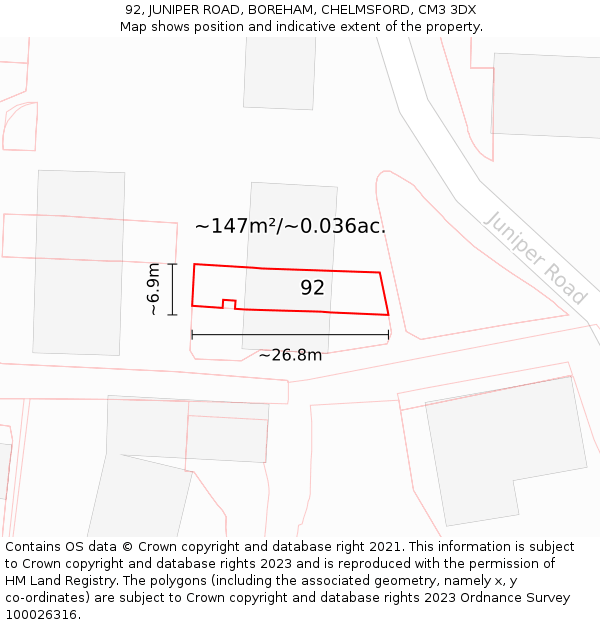92, JUNIPER ROAD, BOREHAM, CHELMSFORD, CM3 3DX: Plot and title map