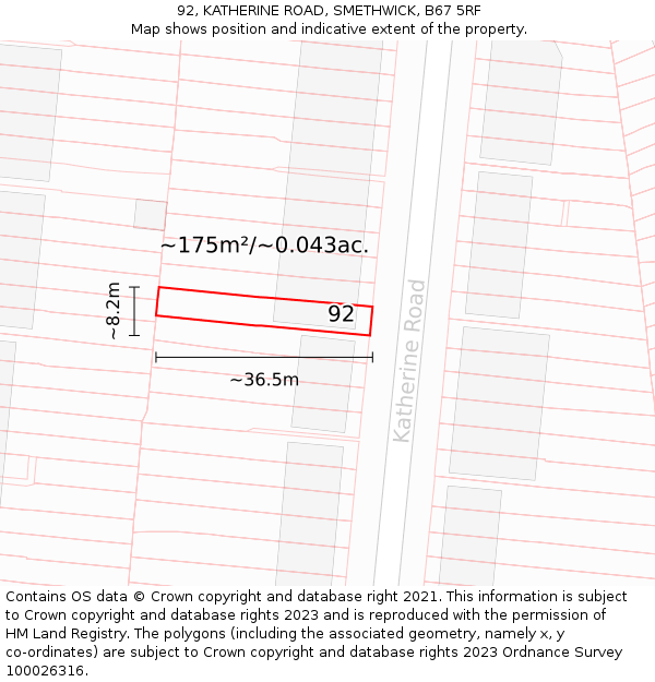 92, KATHERINE ROAD, SMETHWICK, B67 5RF: Plot and title map