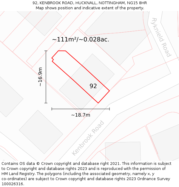 92, KENBROOK ROAD, HUCKNALL, NOTTINGHAM, NG15 8HR: Plot and title map