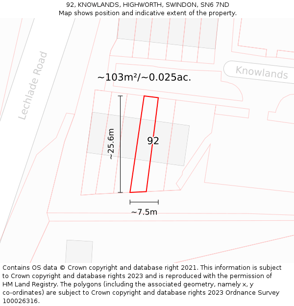 92, KNOWLANDS, HIGHWORTH, SWINDON, SN6 7ND: Plot and title map